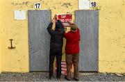 17 May 2015; Connacht Council 'Maors' Anthony Willis and his Riverstown GAA club mate Seamus Cawley erect sineage before the game. Connacht GAA Football Senior Championship, Quarter-Final, Leitrim v Galway. Páirc Sean Mac Diarmada, Carrick-on-Shannon, Co. Leitrim. Picture credit: Ray McManus / SPORTSFILE