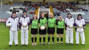 16 May 2015; Referee Maggie Farrelly with her match officials before the game. TESCO HomeGrown Ladies National Football League, Division 1 Final Replay, Cork v Galway, O'Moore Park, Portlaoise, Co. Laois. Picture credit: Brendan Moran / SPORTSFILE