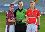 16 May 2015; Team captains Geraldine Conneally, left, and Ciara O'Sullivan, Galway, shaka hands in the company of referee Maggie Farrelly ahead of the game. TESCO HomeGrown Ladies National Football League, Division 1 Final Replay, Cork v Galway, O'Moore Park, Portlaoise, Co. Laois. Picture credit: Brendan Moran / SPORTSFILE