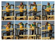 16 May 2015; A composite image of Michael McDonagh, from Tullamore, Co. Offaly, an Honorary Member of the county's Supporters Club, reacts on the terrace, to various events on the field, as the game continues. Leinster GAA Football Senior Championship, Round 1, Offaly v Longford, O'Connor Park, Tullamore, Co. Offaly. Picture credit: Ray McManus / SPORTSFILE