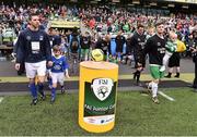 17 May 2015; The two teams of  Liffey Wanderers and  Sheriff YC walk out for the start of the game. FAI Junior Cup Final, in association with Umbro and Aviva, Liffey Wanderers v Sheriff YC. Aviva Stadium, Lansdowne Road, Dublin. Picture credit: David Maher / SPORTSFILE