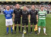 17 May 2015; Referee Conor Byrne, with captains, David Andrews, left,  Liffey Wanderers and Paul Murphy, Sheriff YC. FAI Junior Cup Final, in association with Umbro and Aviva, Liffey Wanderers v Sheriff YC. Aviva Stadium, Lansdowne Road, Dublin. Picture credit: David Maher / SPORTSFILE