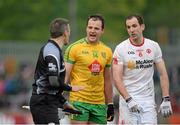 17 May 2015; Michael Murphy, Donegal speaks to Maurice Deegan  standby Referee about a second half incident as Justin McMahon, Tyrone watches. Ulster GAA Football Senior Championship, Preliminary Round, Donegal v Tyrone. MacCumhaill Park, Ballybofey, Co. Donegal. Picture credit: Oliver McVeigh / SPORTSFILE