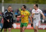 17 May 2015; Michael Murphy, Donegal speaks to standby referee Maurice Deegan about a second half incident as Justin McMahon, Tyrone watches. Ulster GAA Football Senior Championship, Preliminary Round, Donegal v Tyrone. MacCumhaill Park, Ballybofey, Co. Donegal. Picture credit: Oliver McVeigh / SPORTSFILE