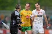 17 May 2015; Michael Murphy, Donegal, centre, speaks to Maurice Deegan standby referee about a second half incident with Justin McMahon, Tyrone. Ulster GAA Football Senior Championship, Preliminary Round, Donegal v Tyrone. MacCumhaill Park, Ballybofey, Co. Donegal. Picture credit: Oliver McVeigh / SPORTSFILE