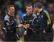 17 May 2015; Donegal manager Rory Gallagher speaks with referee Joe McQuillan and his assistant Maurice Deegan, left, at half time. Ulster GAA Football Senior Championship, Preliminary Round, Donegal v Tyrone. MacCumhaill Park, Ballybofey, Co. Donegal. Picture credit: Stephen McCarthy / SPORTSFILE