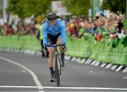 17 May 2015; Damien Shaw, Team Asea, crossing the finish line in Carlow during Stage 1 of the 2015 An Post Rás. Dunboyne - Carlow. Photo by Sportsfile