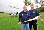28 June 2008; Cork goalkeeper Donal Og Cusack, right, and Cork trainer Jerry Wallace who touched down in Fermanagh for the latest event in the Halifax sponsored Gaelic Players Association Hurling Twinning Programme. Cusack and Wallace travelled by helicopter from the Castleknock Golf and Country Club to the Fermanagh County Training centre at Lissan outside Enniskillen where they conducted an extensive coaching session with the Fermanagh senior hurling squad. The Hurling Twinning Programme, aimed at promoting hurling in the non-traditional areas, sees counties from the Nicky Rackard Cup paired with their counterparts at Liam McCarthy Cup level. Picture credit: Brendan Moran / SPORTSFILE