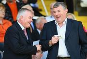 29 June 2008; GAA President Elect Christy Cooney shares a joke with former GAA President Sean McCague before the game. GAA Football Ulster Senior Championship Semi-Final, Down v Armagh, St Tighearnach's Park, Clones, Co. Monaghan. Picture credit: Oliver McVeigh / SPORTSFILE