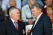 29 June 2008; GAA President Elect Christy Cooney, left, in conversation with former GAA President Sean McCague before the game. GAA Football Ulster Senior Championship Semi-Final, Down v Armagh, St Tighearnach's Park, Clones, Co. Monaghan. Picture credit: Oliver McVeigh / SPORTSFILE