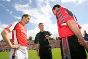 29 June 2008; Referee Joe McQuillan tosses the coin with Armagh captain Paul McGrane and Down captain Dan Gordon. GAA Football Ulster Senior Championship Semi-Final, Down v Armagh, St Tighearnach's Park, Clones, Co. Monaghan. Picture credit: Oliver McVeigh / SPORTSFILE