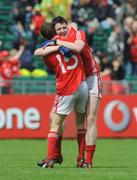 6 July 2008; Michael Cussen and John Hayes, 15, Cork, celebrate at the final whistle. GAA Football Munster Senior Championship Final, Kerry v Cork, Pairc Ui Chaoimh, Cork. Picture credit: Stephen McCarthy / SPORTSFILE