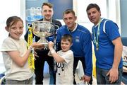 18 May 2015; Liffey Wanderers players, from left to right, Paul Gannon, Gary Young and Anthony O'Connor with Robin Fitzpatrick, age 10, and Christpher Stokes, age 7, and the FAI Junior Cup trophy during a visit to Temple Street Hospital, Temple Street Hospital, Dublin. Picture credit: Cody Glenn / SPORTSFILE