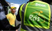 18 May 2015; Yellow jersey winner Lukas Postlberger speaking to journalists following Stage 2 of the 2015 An Post Rás. Carlow - Tipperary. Photo by Sportsfile