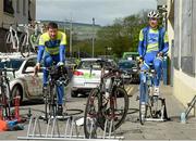18 May 2015; Ronan Killeen, left, and Peter Kirwan, Lucan Stagg Cycles, before Stage 2 of the 2015 An Post Rás. Carlow - Tipperary. Photo by Sportsfile