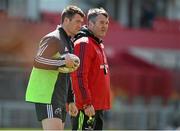 19 May 2015; Munster's Peter O'Mahony, left, and head coach Anthony Foley during squad training. Thomond Park, Limerick. Picture credit: Diarmuid Greene / SPORTSFILE