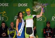 19 May 2015; 3rd across the line Andreas Hofer, Hrinkow Advarics Cycleangteam, with Miss An Post Rás Aisling Feeney following Stage 3 of the 2015 An Post Rás. Tipperary - Bearna. Photo by Sportsfile