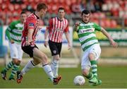 19 May 2015; Ryan Brennan, Shamrock Rovers, in action against Shane McEleney, Derry City. EA Sports Cup Quarter-Final, Derry City v Shamrock Rovers, The Brandywell, Derry. Picture credit: Oliver McVeigh / SPORTSFILE