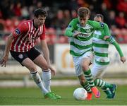 19 May 2015; Gareth McCaffrey, Shamrock Rovers, in action against Shane McEleney, Derry City. EA Sports Cup Quarter-Final, Derry City v Shamrock Rovers, The Brandywell, Derry. Picture credit: Oliver McVeigh / SPORTSFILE