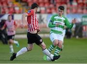 19 May 2015; Ryan McBride, Derry City, in action against Cian Kavanagh, Shamrock Rovers. EA Sports Cup Quarter-Final, Derry City v Shamrock Rovers, The Brandywell, Derry. Picture credit: Oliver McVeigh / SPORTSFILE