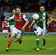 19 May 2015; Conan Byrne, St. Patrick's Athletic, in action against Ross Gaynor, Cork City. EA Sports Cup Quarter-Final, Cork City v St. Patrick's Athletic, Turners Cross, Cork. Picture credit: David Maher / SPORTSFILE
