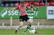 19 May 2015; Sean Houston, Derry City, in action against Ryan Brennan, Shamrock Rovers. EA Sports Cup Quarter-Final, Derry City v Shamrock Rovers, The Brandywell, Derry. Picture credit: Oliver McVeigh / SPORTSFILE