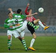 19 May 2015; Ryan Curran, Derry City, in action against Ryan Brennan, Shamrock Rovers. EA Sports Cup Quarter-Final, Derry City v Shamrock Rovers, The Brandywell, Derry. Picture credit: Oliver McVeigh / SPORTSFILE