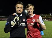 19 May 2015; St. Patrick's Athletic's Chris Forrester and goalkeeper Brendan Clarke, left, celebrate after he scored their side's winning penalty in the shoot-out. EA Sports Cup Quarter-Final, Cork City v St. Patrick's Athletic, Turners Cross, Cork. Picture credit: David Maher / SPORTSFILE
