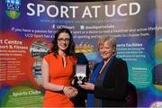 19 May 2015; UCD GAA club member Emma McHugh is presented with the Dr. Pádraig Conway Memorial Medal by Mrs. Aine Conway at the Bank of Ireland UCD Athletic Union Council Sports Awards 2014/15. UCD, Belfield, Dublin. Picture credit: Brendan Moran / SPORTSFILE
