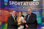 19 May 2015; Beatrice Gates-Hardiman, is presented with the David O'Connor Memorial Award, by John Buckley, left, School Programme Manager, School of Veterinary Medicine, and Prof. Andrew Deeks, President, University College Dublin, at the Bank of Ireland UCD Athletic Union Council Sports Awards 2014/15. UCD, Belfield, Dublin. Picture credit: Brendan Moran / SPORTSFILE