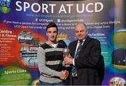19 May 2015; Mark Boland, UCD Soccer Club, is presented with the Clubman of the Year Award by Prof. Andrew Deeks, President, University College Dublin, at the Bank of Ireland UCD Athletic Union Council Sports Awards 2014/15. UCD, Belfield, Dublin. Picture credit: Brendan Moran / SPORTSFILE