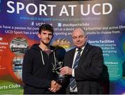 19 May 2015; Joe Keohane, UCD Soccer Club, is presented with the Intermediate Player of the Year Award by Prof. Andrew Deeks, President, University College Dublin, at the Bank of Ireland UCD Athletic Union Council Sports Awards 2014/15. UCD, Belfield, Dublin. Picture credit: Brendan Moran / SPORTSFILE