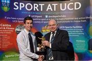 19 May 2015; Kieran Bowers, UCD Soccer Club, is presented with the Freshman Player of the Year Award by Prof. Andrew Deeks, President, University College Dublin, at the Bank of Ireland UCD Athletic Union Council Sports Awards 2014/15. UCD, Belfield, Dublin. Picture credit: Brendan Moran / SPORTSFILE