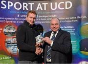 19 May 2015; Caolan Cullen, UCD Soccer Club, is presented with the College Player of the Year Award by Prof. Andrew Deeks, President, University College Dublin, at the Bank of Ireland UCD Athletic Union Council Sports Awards 2014/15. UCD, Belfield, Dublin. Picture credit: Brendan Moran / SPORTSFILE