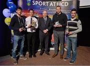19 May 2015;  UCD Soccer Club players, from left, Joe Keohane, Intermediate Player of the Year, Kieran Bowers, Freshman Player of the Year, Caolan Cullen, College Player of the Year, and Mark Boland, Clubman of the Year, with Prof. Andrew Deeks, President, University College Dublin, at the Bank of Ireland UCD Athletic Union Council Sports Awards 2014/15. UCD, Belfield, Dublin. Picture credit: Brendan Moran / SPORTSFILE