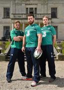 20 May 2015; In attendance at the launch of the new Canterbury IRFU Rugby World Cup Training Wear Range are Ireland's Sean O'Brien, centre, Ian Madigan, left, and Luke Fitzgerald. Canterbury, the official kit supplier to the Irish Rugby Football Union, today unveiled the official range of training wear that will be worn by the Irish rugby team throughout the 2015 Rugby World Cup and beyond. Available from www.Canterbury.com, shop.irishrugby.ie and in stores nationwide, Canterbury’s new training product gives the fans a first glimpse of Ireland’s official RWC performance range. Radisson Blu Hotel, Stillorgan, Dublin. Picture credit: Ramsey Cardy / SPORTSFILE