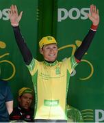 20 May 2015; Lukas Postlberger, Tirol Cycling Team, after retaining the An Post Rás Yellow Jersey Classification following Stage 4 of the 2015 An Post Rás. Bearna - Newport. Photo by Sportsfile