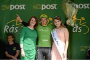 20 May 2015; Alex Frame, New Zealand National Team, after receiving the Post Office Sprint Jersey Classification, from An Post Rás Siofra Loftus and Josephine Mcmanamon, Postmistress Newport, following Stage 4 of the 2015 An Post Rás. Bearna - Newport. Photo by Sportsfile