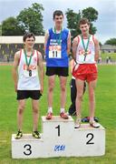 28 June 2008; Winner of the Boys Triple Jump Shane Prout, Scoil Ruain, Killenaule, Co. Tipperary, with second place Ciaran Dolan, St. Michael's Enniskillen, Co. Fermanagh, and third place Benji Knox, Omagh Academy, Tyrone, at the KitKat Tailteann inter provincial track & field final. Morton Stadium, Santry, Dublin. Picture credit: Stephen McCarthy / SPORTSFILE