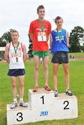 28 June 2008; Winner of the Boys 1500m Ryan Monahan, Grange, Co. Sligo, with second place Liam Markham, St. Flannan's, Co. Clare, and third place Andrew Monaghan, St. Colman's Newry, Co. Down, at the KitKat Tailteann inter provincial track & field final. Morton Stadium, Santry, Dublin. Picture credit: Stephen McCarthy / SPORTSFILE