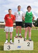 28 June 2008; Winner of the Boys Shot Putt Andrew Doyle, Maghera High School, Co. Derry, with second place Shane Lynch, Belvedere, Dublin, and Marco Pons, CBS, Wexford at the KitKat Tailteann inter provincial track & field final. Morton Stadium, Santry, Dublin. Picture credit: Stephen McCarthy / SPORTSFILE
