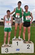 28 June 2008; Winner of the Boys 3000m Jake Byrne, St. Joseph's Rochfordbridge, Co. Westmeath, with second place Shane Boggs, St. Finian's, Mullingar, Co. Westmeath, and third place Niall Cullen, St. Michael's Enniskillen, Co. Fermanagh, at the KitKat Tailteann inter provincial track & field final. Morton Stadium, Santry, Dublin. Picture credit: Stephen McCarthy / SPORTSFILE