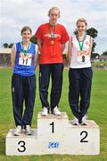 28 June 2008; Winner of the Girls Triple Jump Caoimhe King, Our Lady's Bower, Athlone, Co. Westmeath, with second place Ciara Neary, Scoil Mhuire, Buncrana, Co. Donegal, and third place Aoife Bartley, Scoil Mhuire, Carrick-on-Shannon, Co. Leitrim, at the KitKat Tailteann inter provincial track & field final. Morton Stadium, Santry, Dublin. Picture credit: Stephen McCarthy / SPORTSFILE