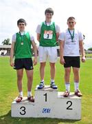 28 June 2008; Winner of the Boys Hammer Conal Campion, Belvedere College, Dublin, with second place James McCabe, Belvedere College, Dublin, and third place Darragh Hanlon, Cistercian, Roscrea, Co. Offaly, at the KitKat Tailteann inter provincial track & field final. Morton Stadium, Santry, Dublin. Picture credit: Stephen McCarthy / SPORTSFILE