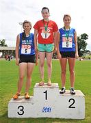 28 June 2008; Winner of the Girls 300m Hurdles Rebbeca Nolan, Calasanctius Secondary School, Oranmore, Co. Galway, with second place Orla Finn, Kinsale Community School, Co. Cork, and third place Kate Humphreys, St. Angelas College, Co. Cork, at the KitKat Tailteann inter provincial track & field final. Morton Stadium, Santry, Dublin. Picture credit: Stephen McCarthy / SPORTSFILE