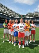 30 June 2008; Player representing Ulster counties involved in the TG4 All-Ireland Ladies Football Championship, from left, Marie Devenny, Donegal, Michaela Downey, Down, Meave Moriarty, Armagh, Niamh Kindlon, Monaghan, Eimear Roantree, representing Antrim, Niamh McMullen, representing London, and Louise Glass, Derry, at the TG4 All-Ireland Ladies Football Championship Launch. Croke Park, Dublin. Picture credit: Stephen McCarthy / SPORTSFILE