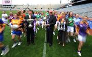 30 June 2008; Pól O'Gallchóir, left, Ceannasai, TG4, Bertie Ahern, T.D. and Geraldine Giles, Uachtaran Cumann Peil Gael na mBan, at the TG4 All-Ireland Ladies Football Championship Launch. Croke Park, Dublin. Photo by Sportsfile