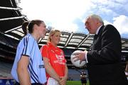 30 June 2008; Bertie Ahern, T.D. speaking with Dublin captain Denise Masterson and Cork captain Angela Walsh at the TG4 All-Ireland Ladies Football Championship Launch. Croke Park, Dublin. Picture credit: Paul Mohan / SPORTSFILE