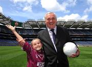 30 June 2008; Chloe Byrne, aged 10, representing Galway and from St. Eithnes, GNS, Edenmore, Raheny with Bertie Ahern, T.D. at the TG4 All-Ireland Ladies Football Championship Launch. Croke Park, Dublin. Picture credit: Paul Mohan / SPORTSFILE