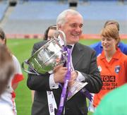 30 June 2008; Bertie Ahern, T.D. with the Brendan Martin cup, at the TG4 All-Ireland Ladies Football Championship Launch. Croke Park, Dublin. Picture credit: Stephen McCarthy / SPORTSFILE